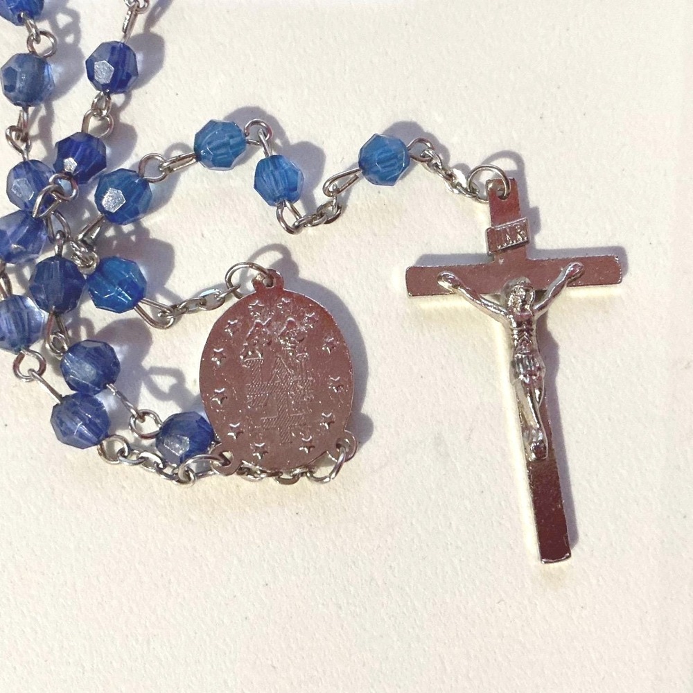 Vintage Blue Glass Bead Rosary 28" Silver Tone Crucifix Catholic Prayer‎ Beads